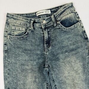 Telepatia Womens Skull Floral Embroidered Acid Wash Jeans Rhinestone Blue Sz 27